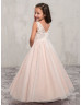 Beaded V Neck Ivory Lace Tulle Pink Lining Ankle Length Flower Girl Dress